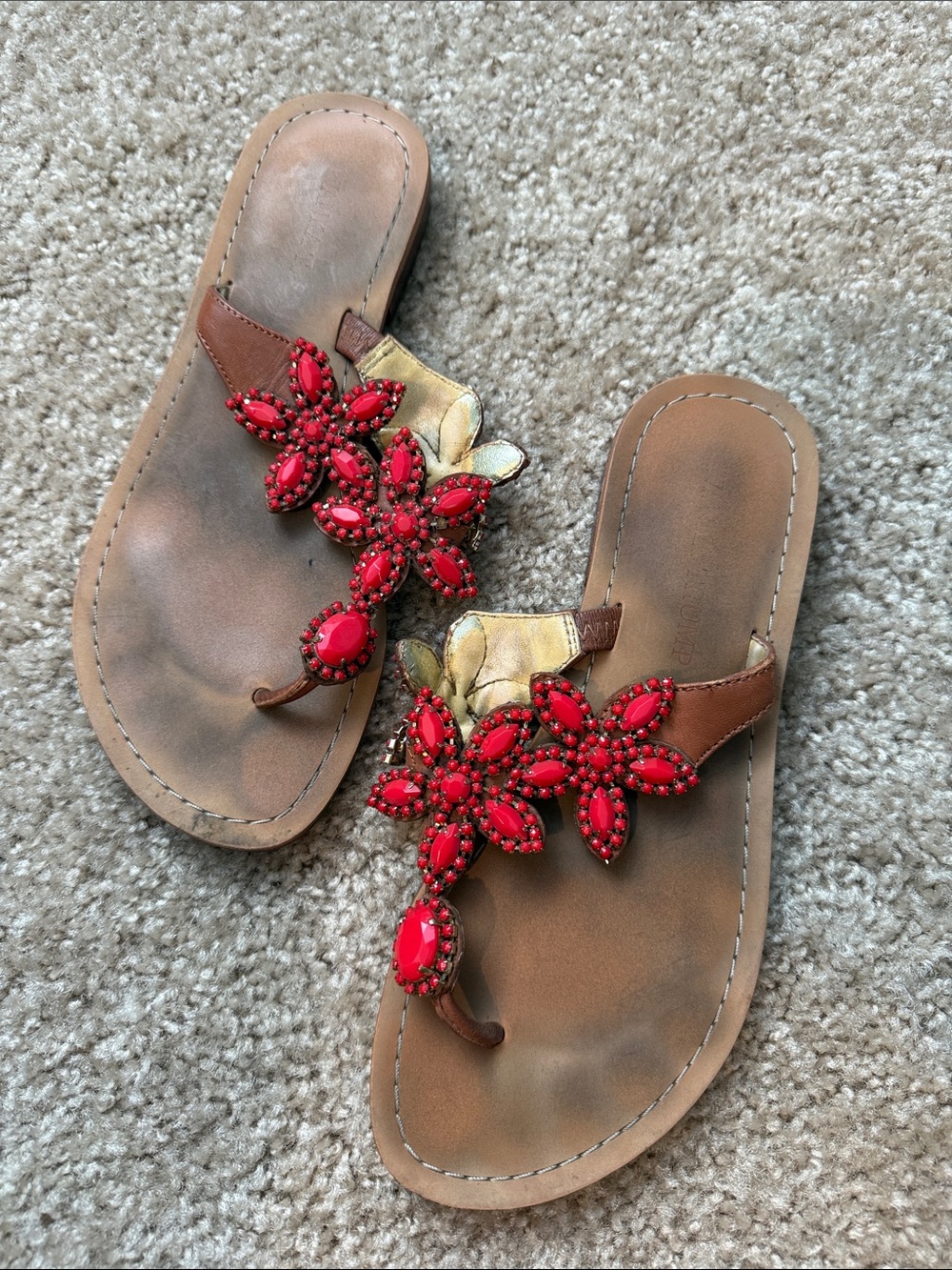 Ivanka Trump Brown Sandals with Red Beaded Floral Accents